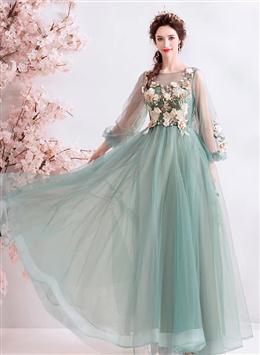 Picture of Light Green Flowers Long Sleeves Tulle A-line Evening Dresses, Green Prom Dresses